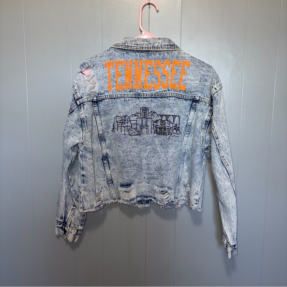 Tennessee Distressed Light Wash Jean Jacket with Orange Lettering